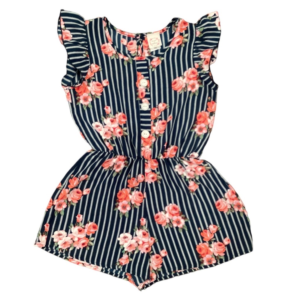 Heart & Arrow blue stripe pink floral lightweight sleeveless romper | girls 10